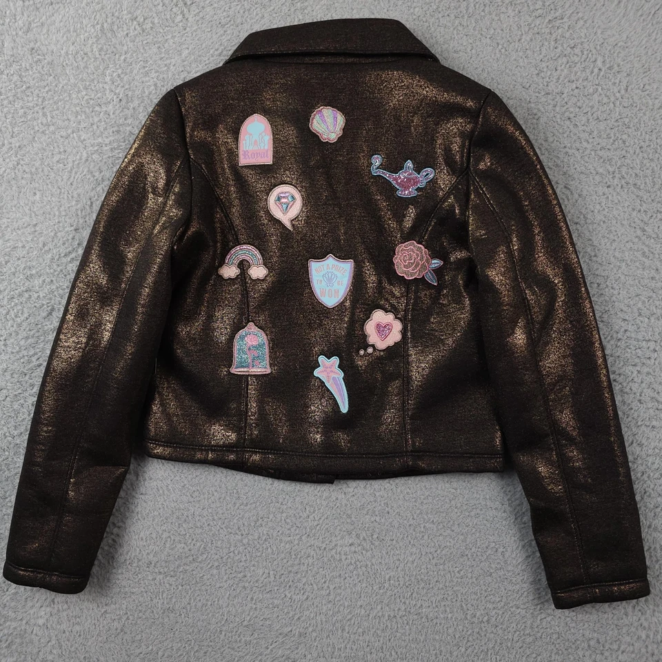 Jaqueta Disney Meninas 11 12 Ouro Rosa Brilhante Moto Motociclista Bordada Princesa NOVA - Imagem 2 de 4