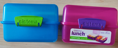 2 Sistema Lunch Cube, 1,4l, blau-grün, pink-lila, BPA frei, 15x15x10cm
