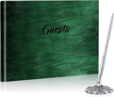 Leather Guest Book and Pen Stand Set, 10.5'' X 8'' Embossed Guests Sign in Book Re