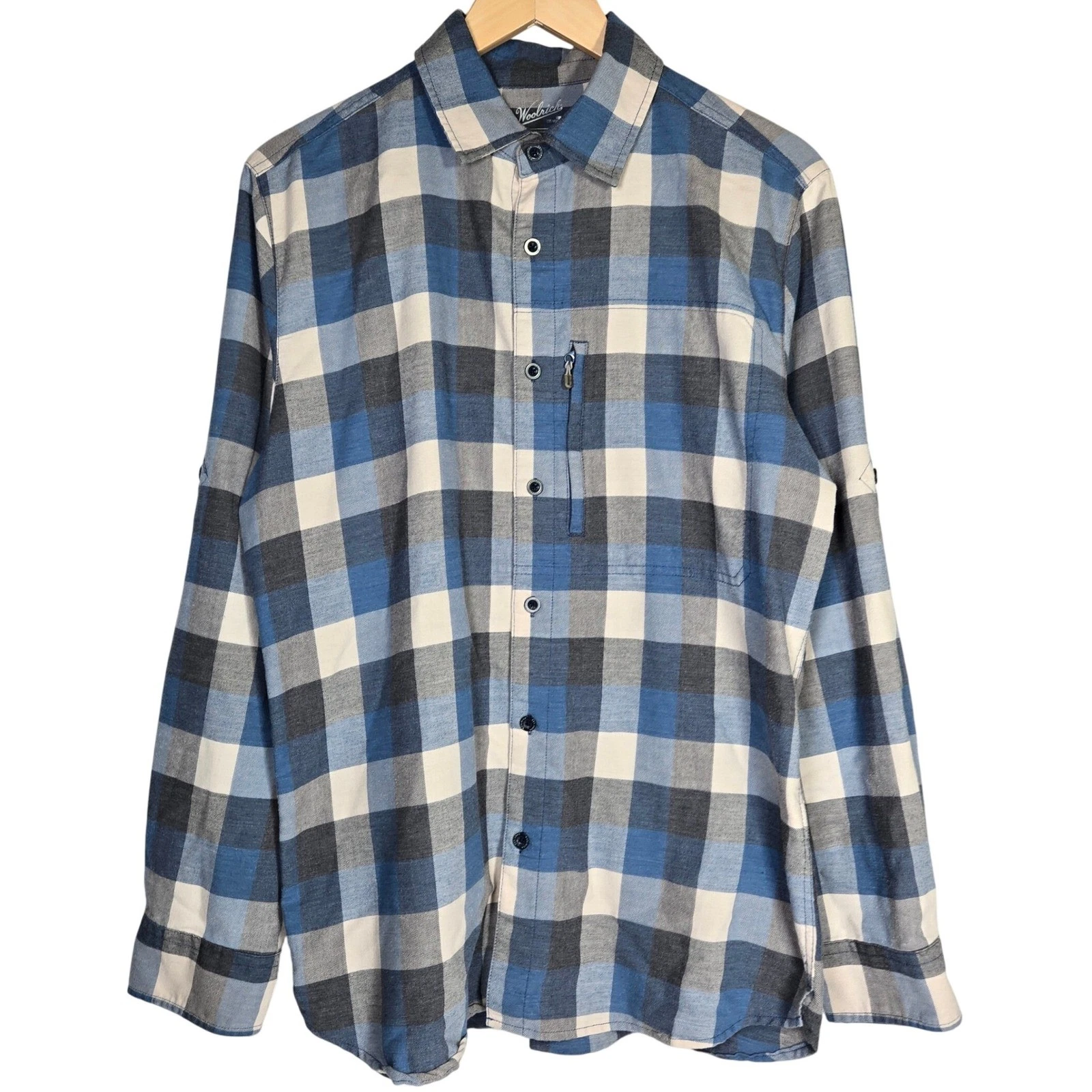 Woolrich Mens Modern Flannel Shirt Blue Plaid Long Sleeve Roll Tab M/M