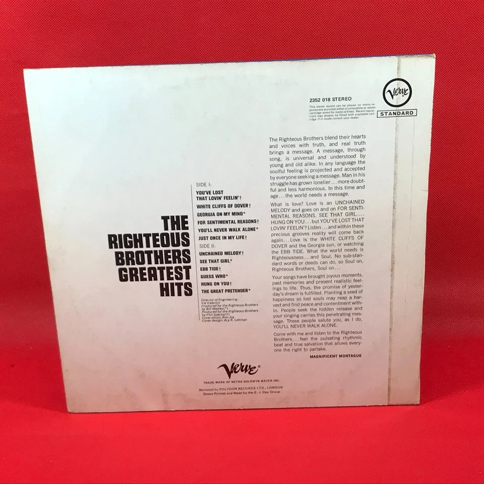 THE RIGHTEOUS BROTHERS Greatest Hits 1967 UK vinyl LP best of Unchained Melody - Image 2 of 4