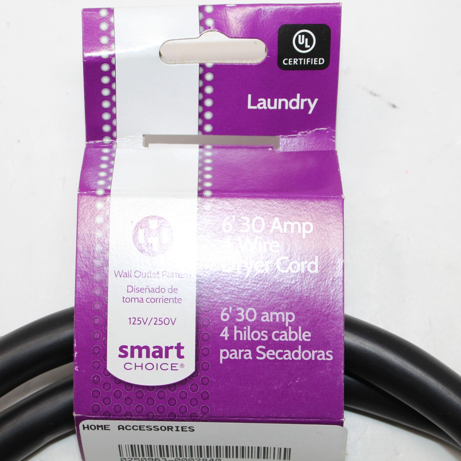 Smart Choice 6' 30Amp 4Prong Dryer Cord with Eyelet Terminals Black