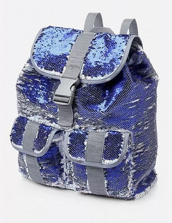 Mochila Bolso Mochila Original Justice Girl Plateado y Azul Lentejuelas Abatibles Nuevo Foto 2 de 3
