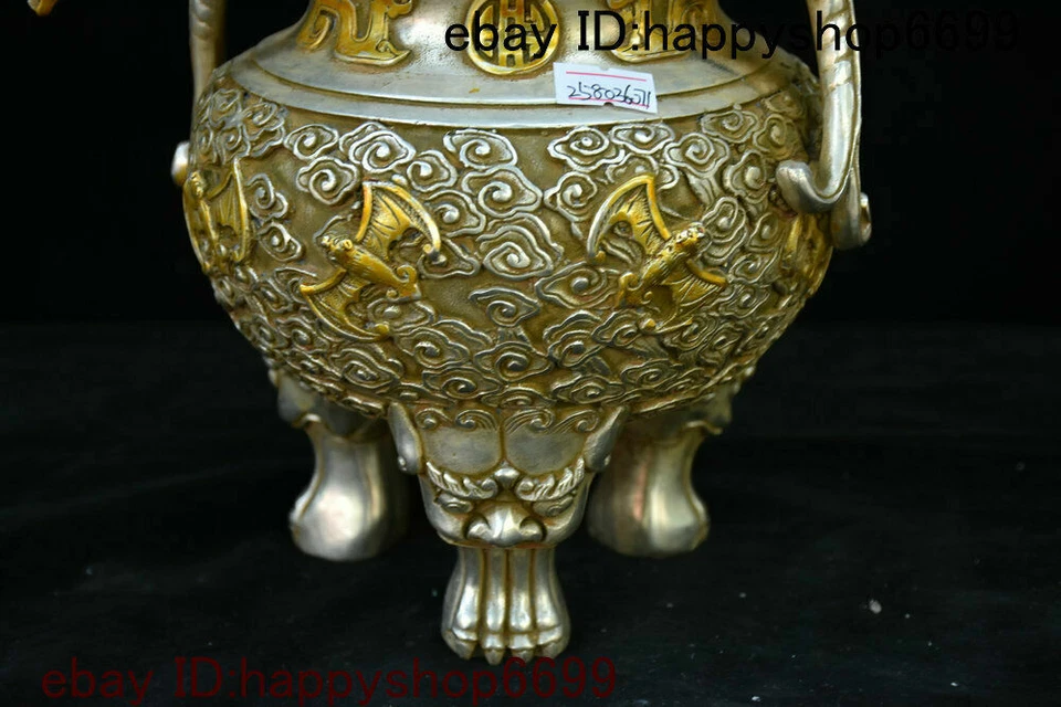 Antiguo Palacio de la Dinastía China Plata Dorado Auspicioso Murciélago Dragón Quemador de Incienso Censario Foto 4 de 4