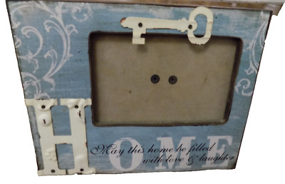 Pier One Blue Ivory Distressed Wood Metal Key Home love laughter Picture Frame