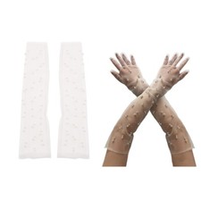 Lace Mesh Semi Sheer Pearls Tulle Long Gloves for Evening Party