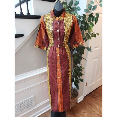 Elisa Mama Shirt Maxi Dress Women's M Brown Animal Print 3/4 Sleeve Button Front