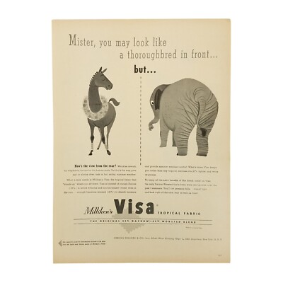 1954 Milliken Visa Tropical Blend Vintage Print Ad Fabric Stands Up When You Sit