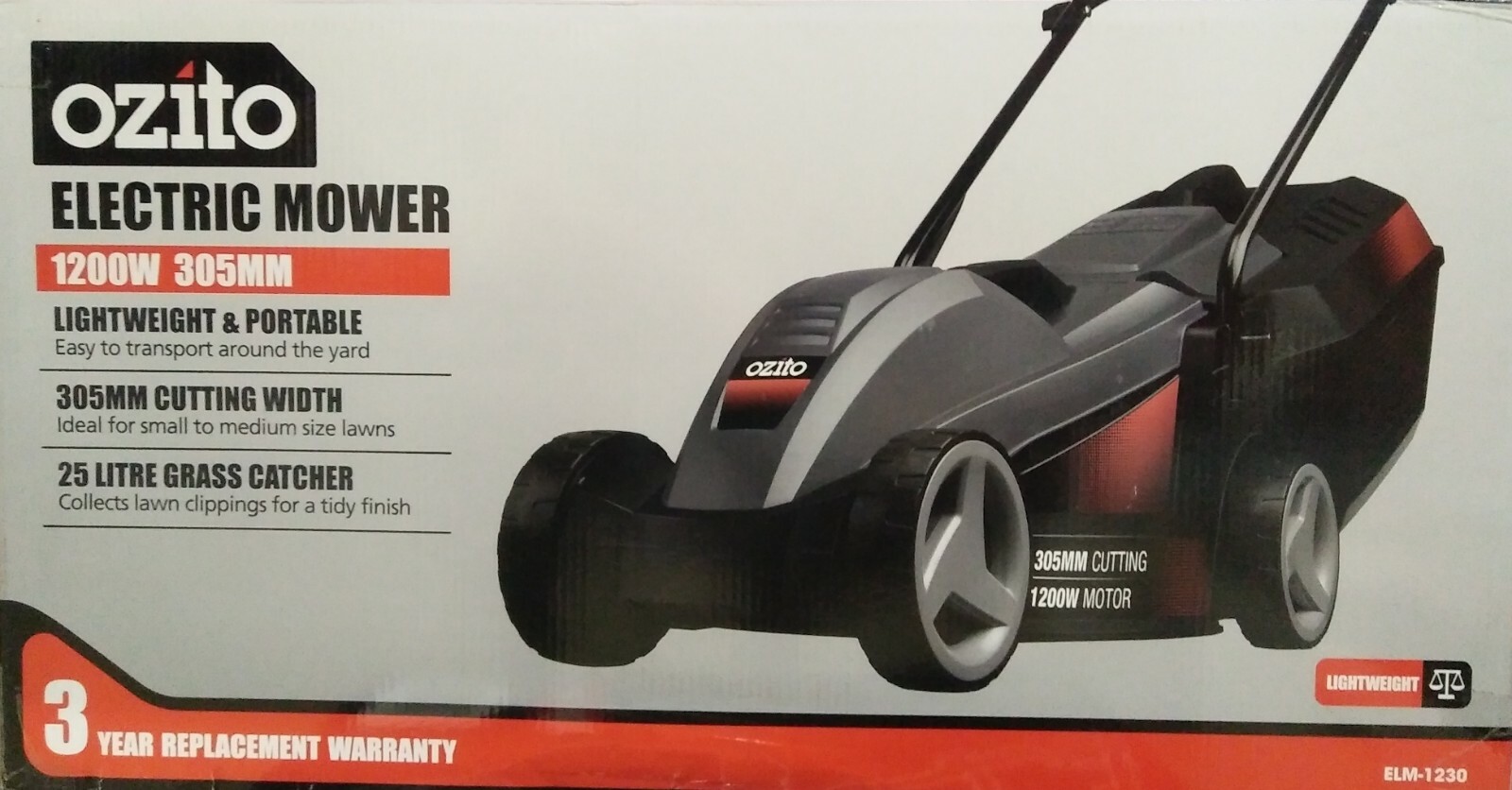 Ozito 1200W Electric Lawn Mower Lawnmower + Grass Catcher + 3YR