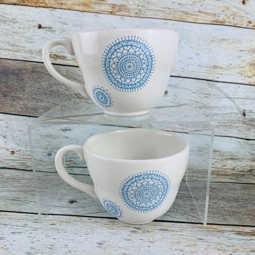 Mary & Martha 2016 NEW MERCIES White Blue Floral Design Cups and Saucers Set 2 - Picture 4 of 11