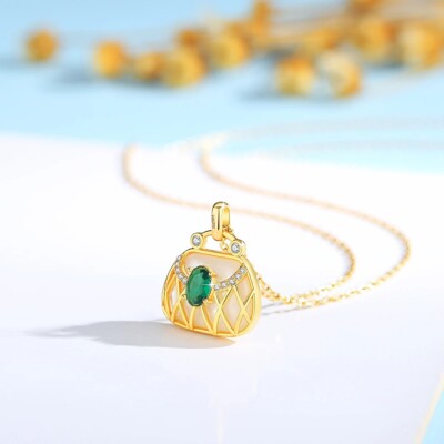 18K Gold Red Diopside Mother Of Pearl Bag Purse Pendant Necklace YG