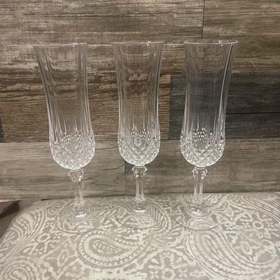 VTG Set of 3 D'Arques Crystal Champagne Flutes Diamond Cut  Stemware Glasses