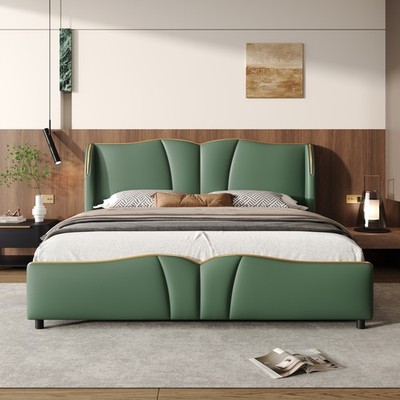 Bed frame with wing back, headboard, leather cushion with wavy footrest