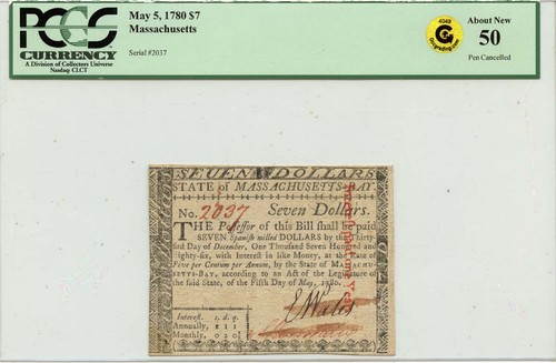 1780 5. Mai, 7 $ Massachusetts Kolonialnote FR#MA-283 PCGS AU50 GCC Gold