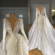 Luxury Pearls Mermaid Wedding Dress Train V Neck Satin Long Sleeve Bridal Gowns