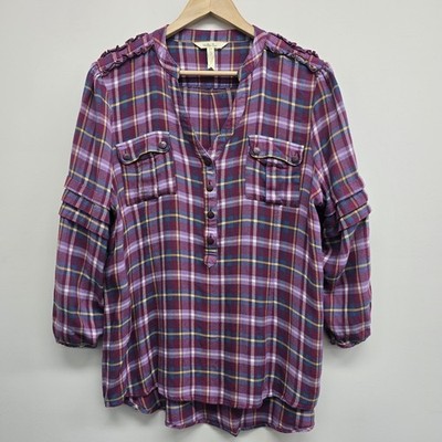 Matilda Jane All Day Millie Flannel Popover Shirt XL Plaid Ruffle Metal Buttons
