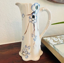 Rare Vintage Pitcher Vase Blue Floral White Stamped Cottagecore Grannycore  9.5"