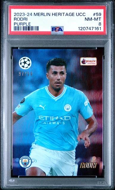 2023-24 Topps Merlin Heritage UEFA Club Competitions Purple Rodri 97/99 PSA 8