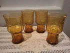 Vtg Libbey Country Garden Daisy Glass Set of 4 Amber Floral 70s Drinking Stack
