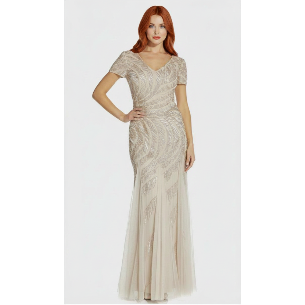 New Adrianna Papell Biscotti Beaded Godet & Sequin V-Neck Evening Gown Sz 8