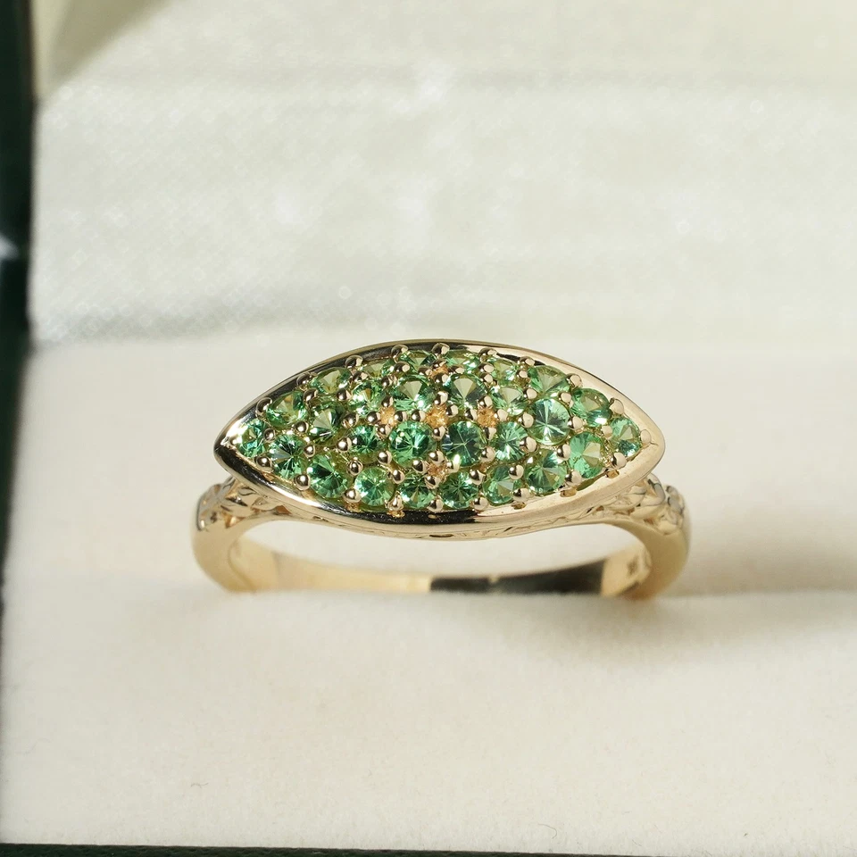 Anillo de oro de 9 quilates con racimo de granate tsavorita verde marquesa este oeste talla R/8,5 Foto 4 de 4