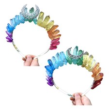 Multicolor Rainbow for Raw Crystal Crown Headband Metal Antique Moon Tiara Hair