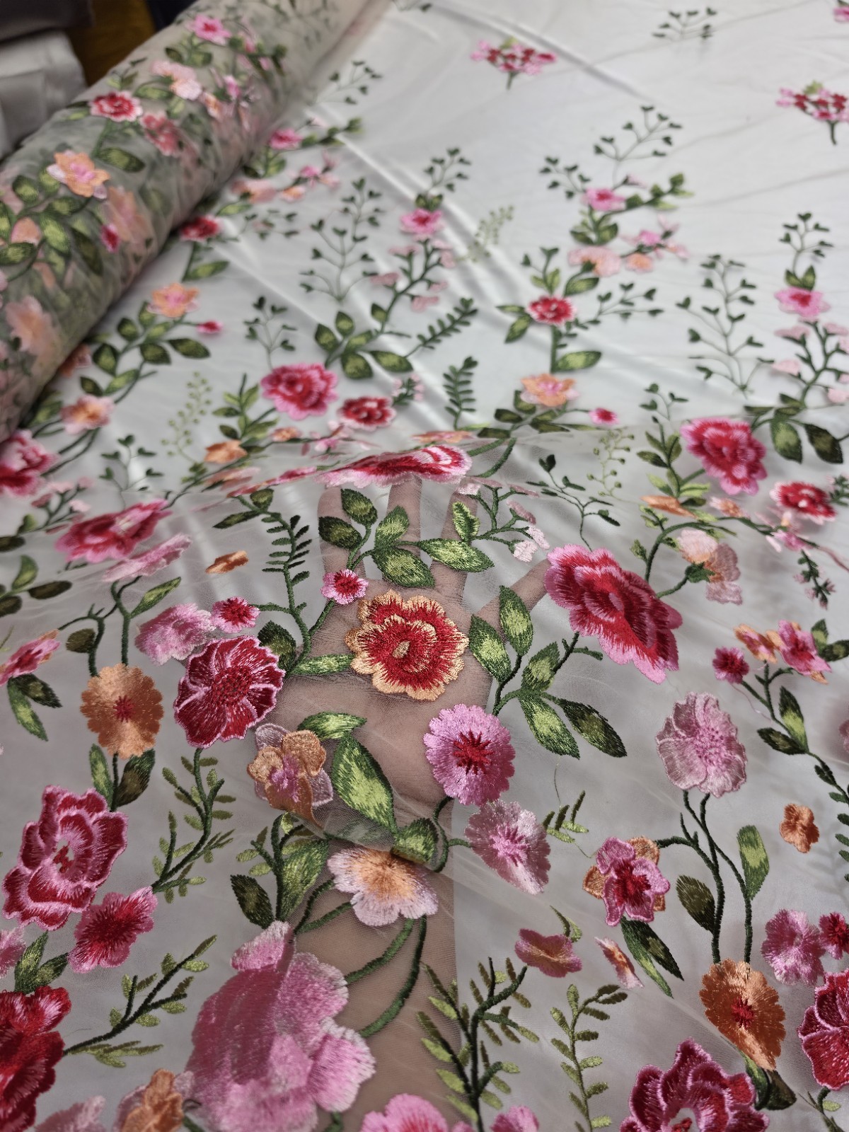 Pink Floral Lace Fabric Sold By The Yard Embroidery Beige Mesh Fabric For Dress 