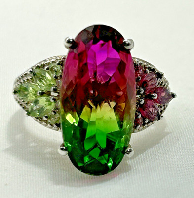 Designer STS Sterling Silver Watermelon Tourmaline Lab Created Garnet Ring Sz 8