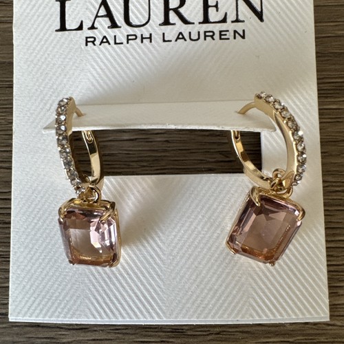 Lauren Ralph Lauren Gold Tone Huggie Hoop Earrings Clear Pink Square Crystal NWT - Picture 5 of 7