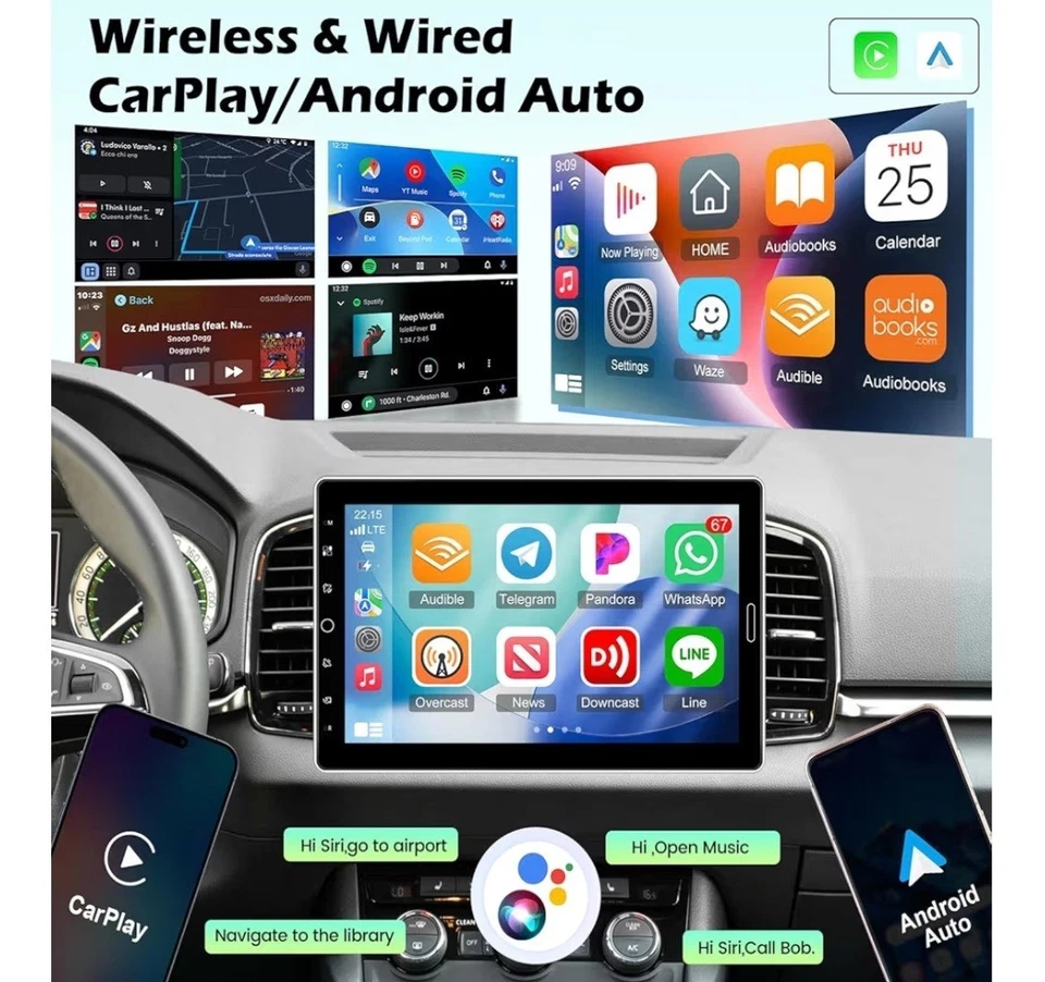 Estéreo para automóvil Din único de 10,1 pulgadas con Carplay y micrófono con cámara de respaldo automático Android  Foto 2 de 4