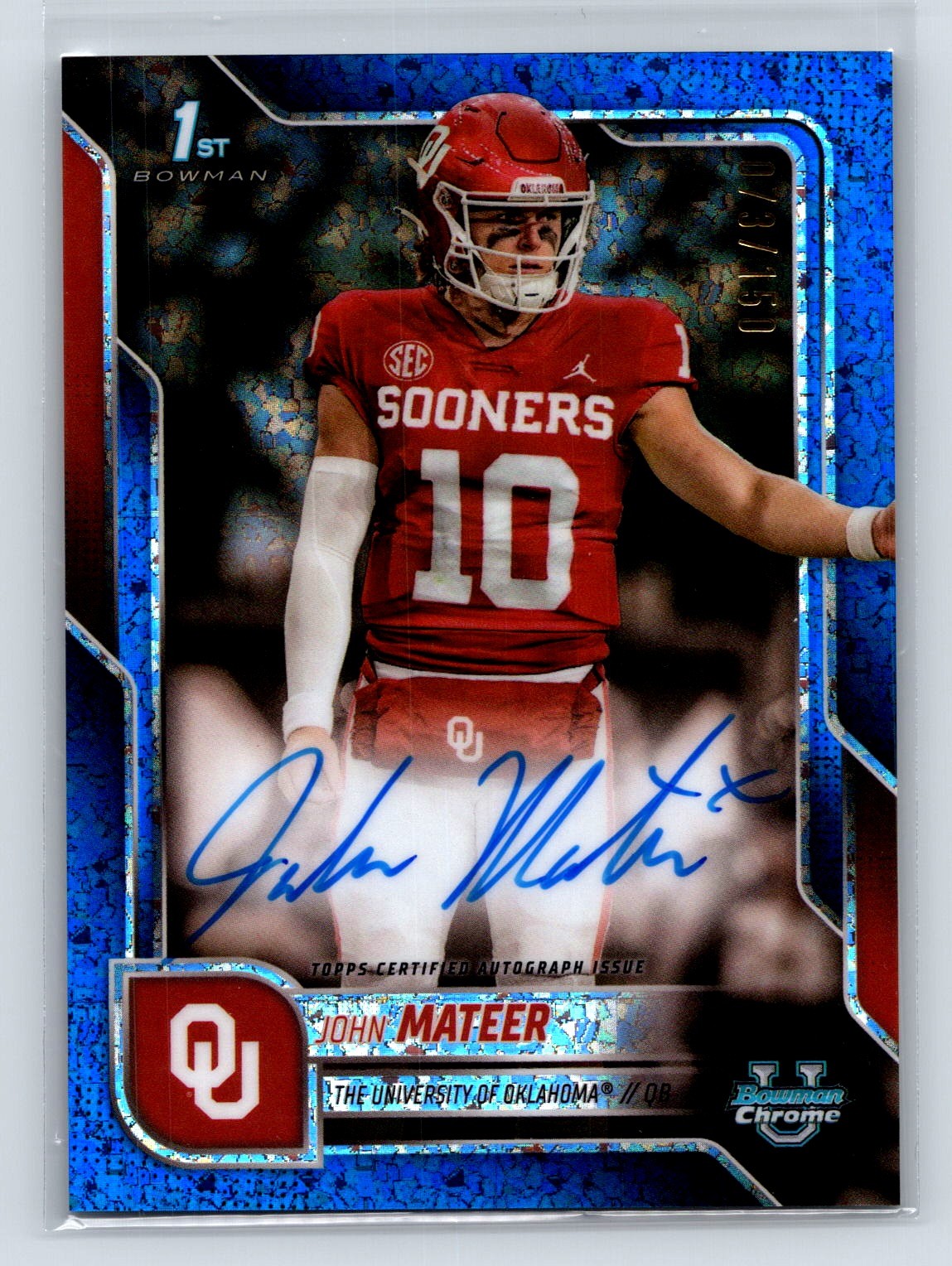 2025 Bowman University Chrome John Mateer 1st Blue Mini Dia. On Card Auto /150