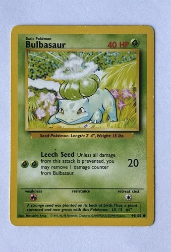 Pokemon Bulbasaur 1999 - Base Set Unlimited Card 44/102 - WOTC - Vintage - LP