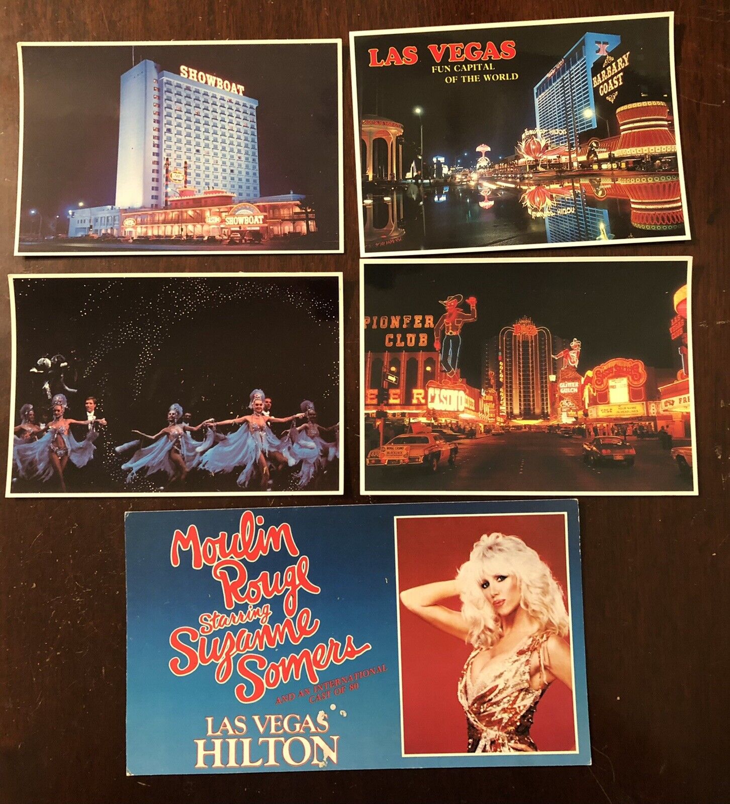 Set of 5 Vintage Las Vegas Postcards Moulin Rouge Suzanne Somers, Showboat