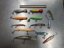 Lot of 12 Used Striper Saltwater Plugs Lures Poppers Divers