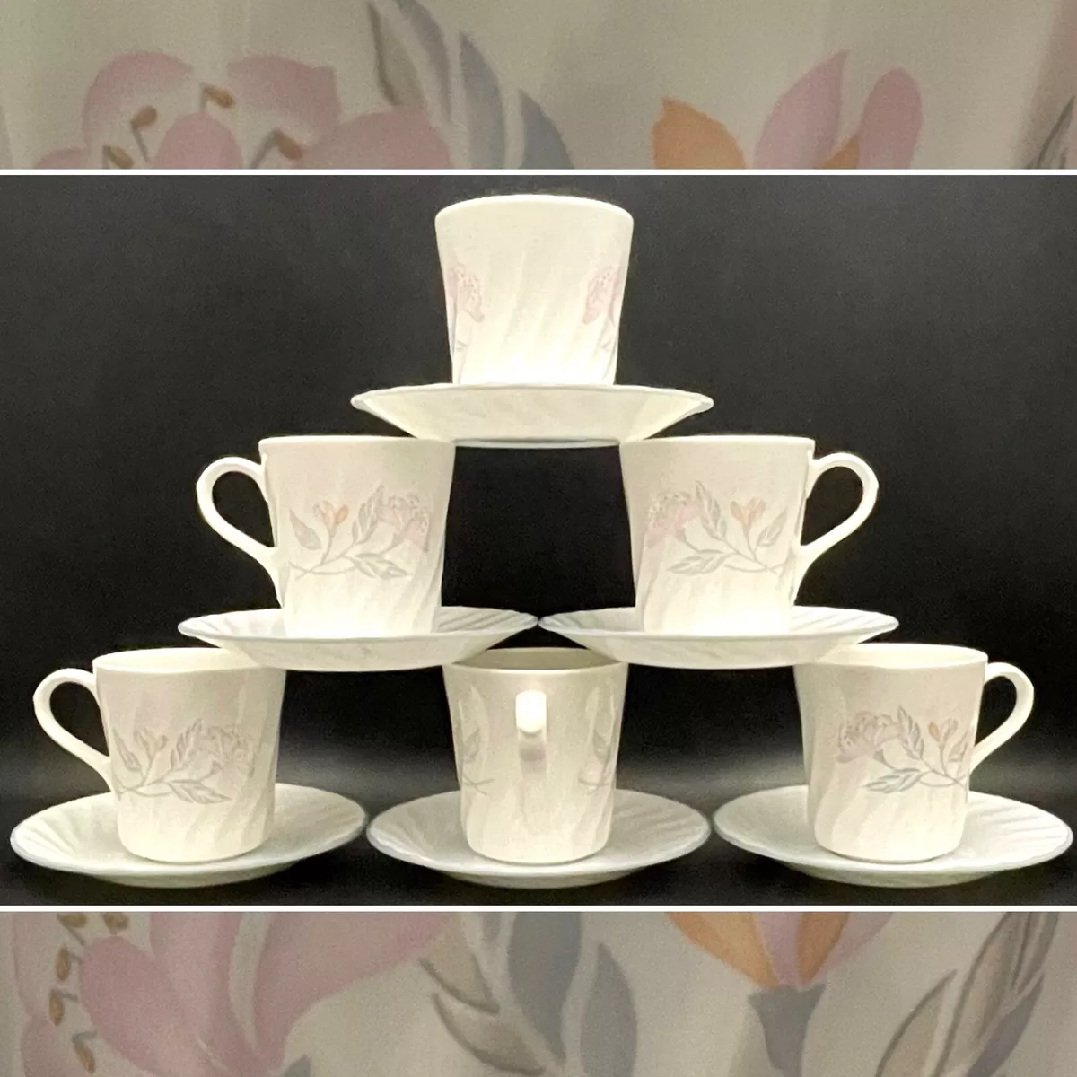 Corelle Impressions Pink Trio Swirl Cup Mug Saucer 12 Piece Set for 6