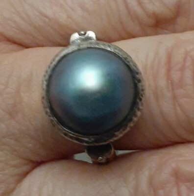 Vintage Estate Sterling Silver Faux Pearl Mid Century Modernist Ring Size 7
