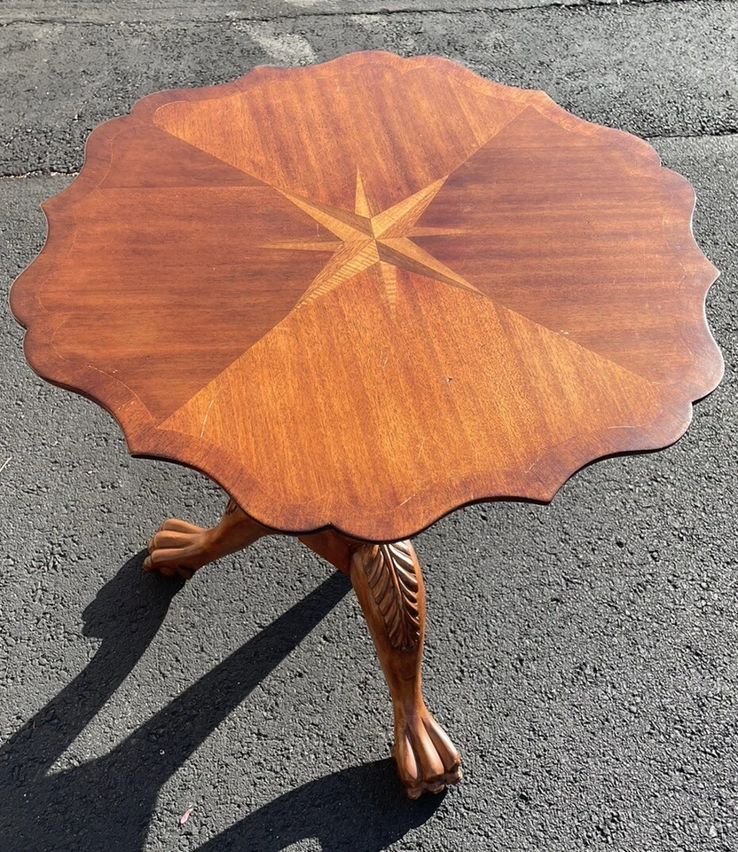 Pedestal End Table Mahogany Stain Free Form Carved Burl with Compass Rose Inlay - Image 2 of 4