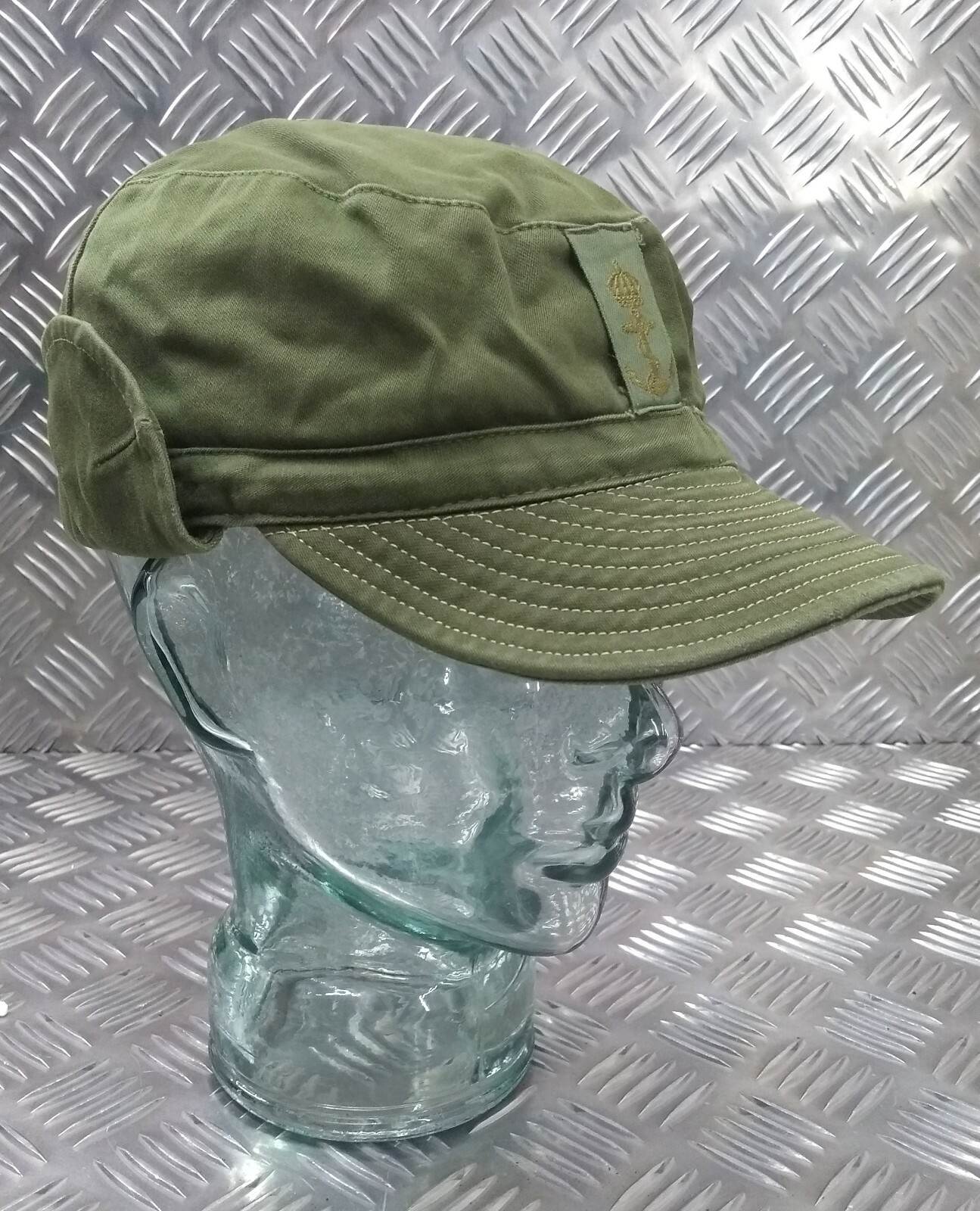 Vintage 60s Swedish Military Green Cotton Drill Fatigue Combat Cap
