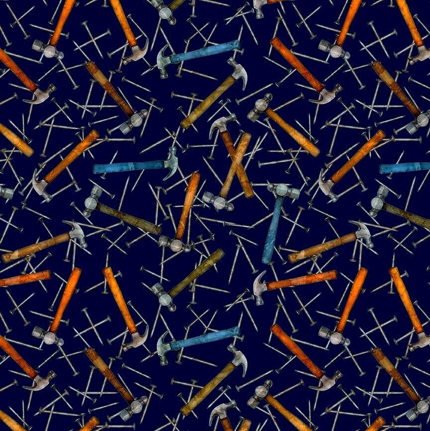 Tesoros acolchados - Medida dos veces - Martillos y clavos - Azul marino, tela por comprar