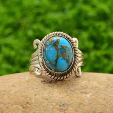 Blue Copper Turquoise Gemstone 925 Sterling Silver Ring Mother's Day Jewelry