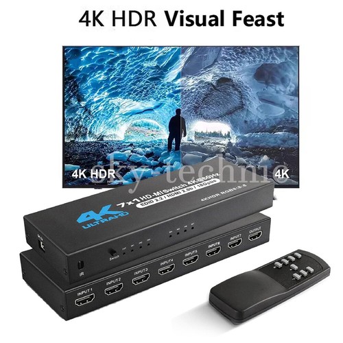 NEW 7"" 1 out HDMI2.0 Switcher with IR Remote 4K@60Hz HDMI 2.0 7x1 Support HDR