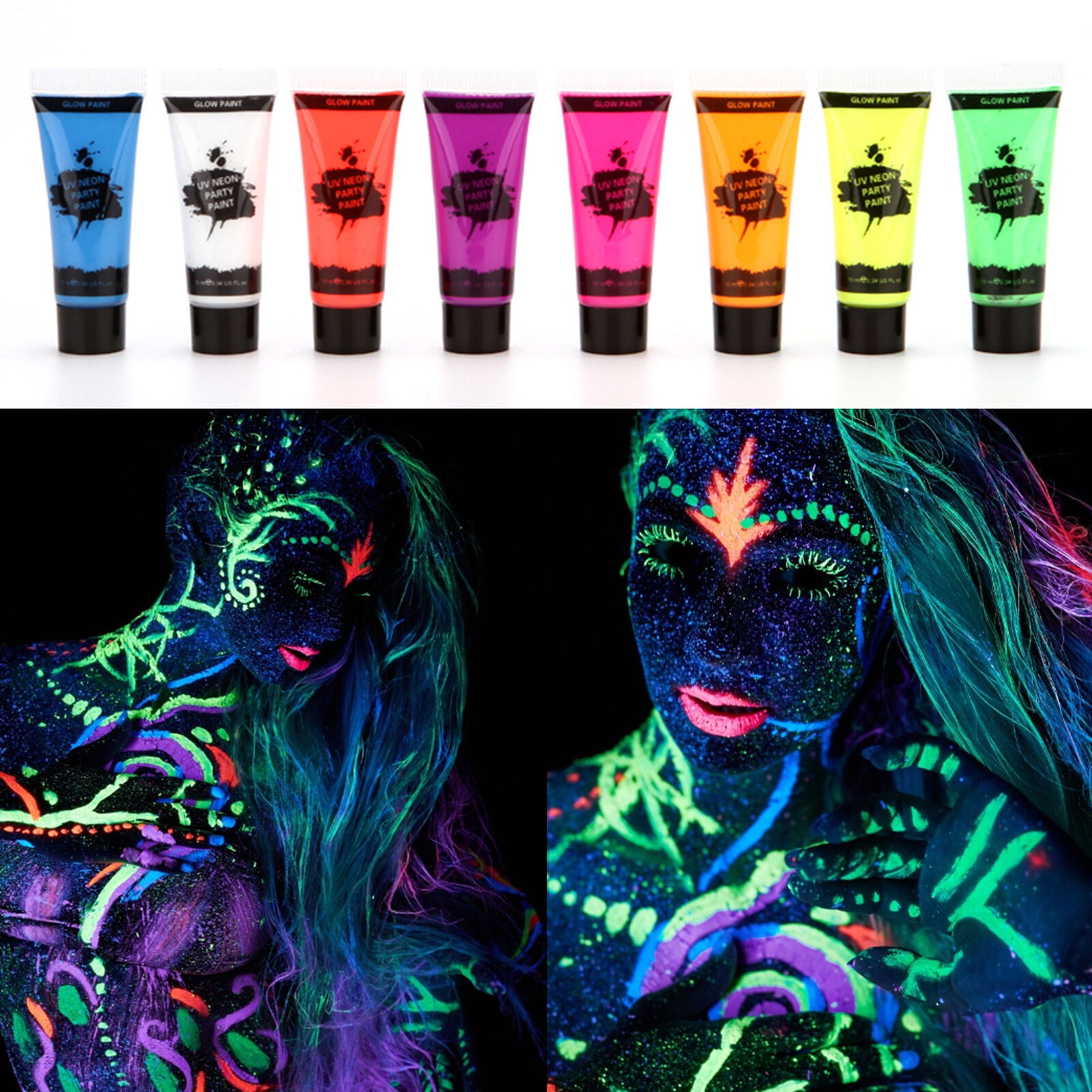 8x10ml UV Neon Glow Safe NonToxic Face&Body Paint Fr Halloween Makeup Party  T0C3