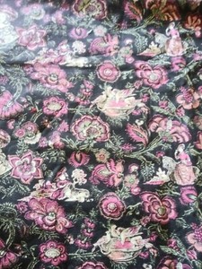 Vtg Victorian girl woman dog roses fabric material black pink chic 42x100"