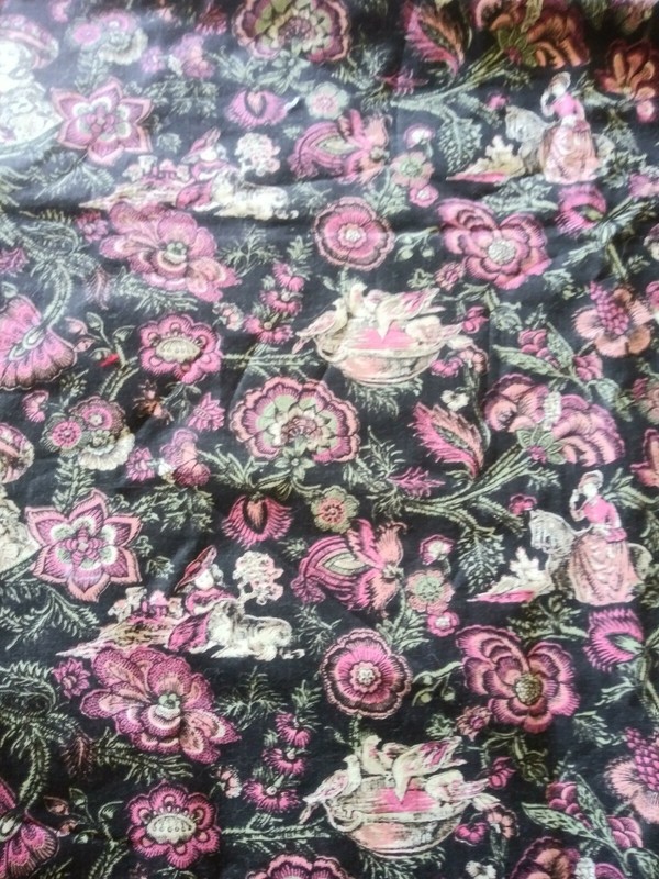 Vtg Victorian girl woman dog roses fabric material black pink chic 42x100"