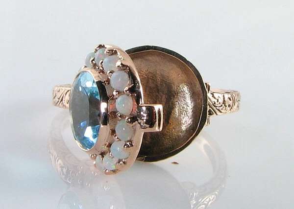 PILLBOX 9K 9CT Oro Rosa Locket Anillo Cluster Pillbox Topacio Azul