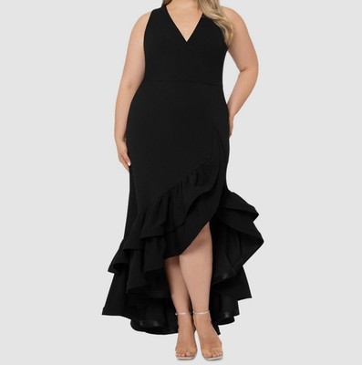 Betsy & Adam Womens Black Asymmetric Ruffle Gown Dress Plus Size: 16W