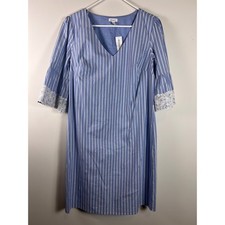 Westport Blue White Stripe Lace Bell Sleeve V Neck Midi Dress Women's Sz 12
