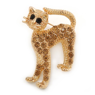 Entzückende helle Topas Kristall Katze Brosche in goldfarbenem Metall - 40 mm L