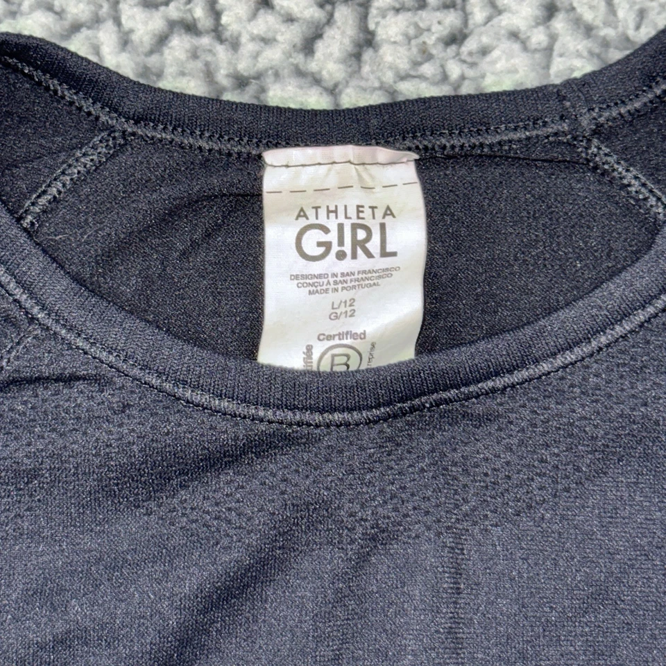 Camisa Athleta Niña Manga Larga Talla L 12 Negra Power Up Top Blanco Malla Atlética Foto 2 de 4