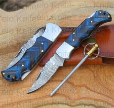 Damascus Pocket Knife Handmade Pocket knife Blue Wood Handle W/ Pouch (25-Pcs)